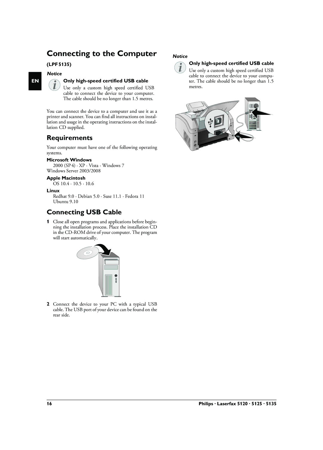 Philips LPF 5135 Connecting to the Computer, Requirements, Connecting USB Cable, Only high-speed certified USB cable 