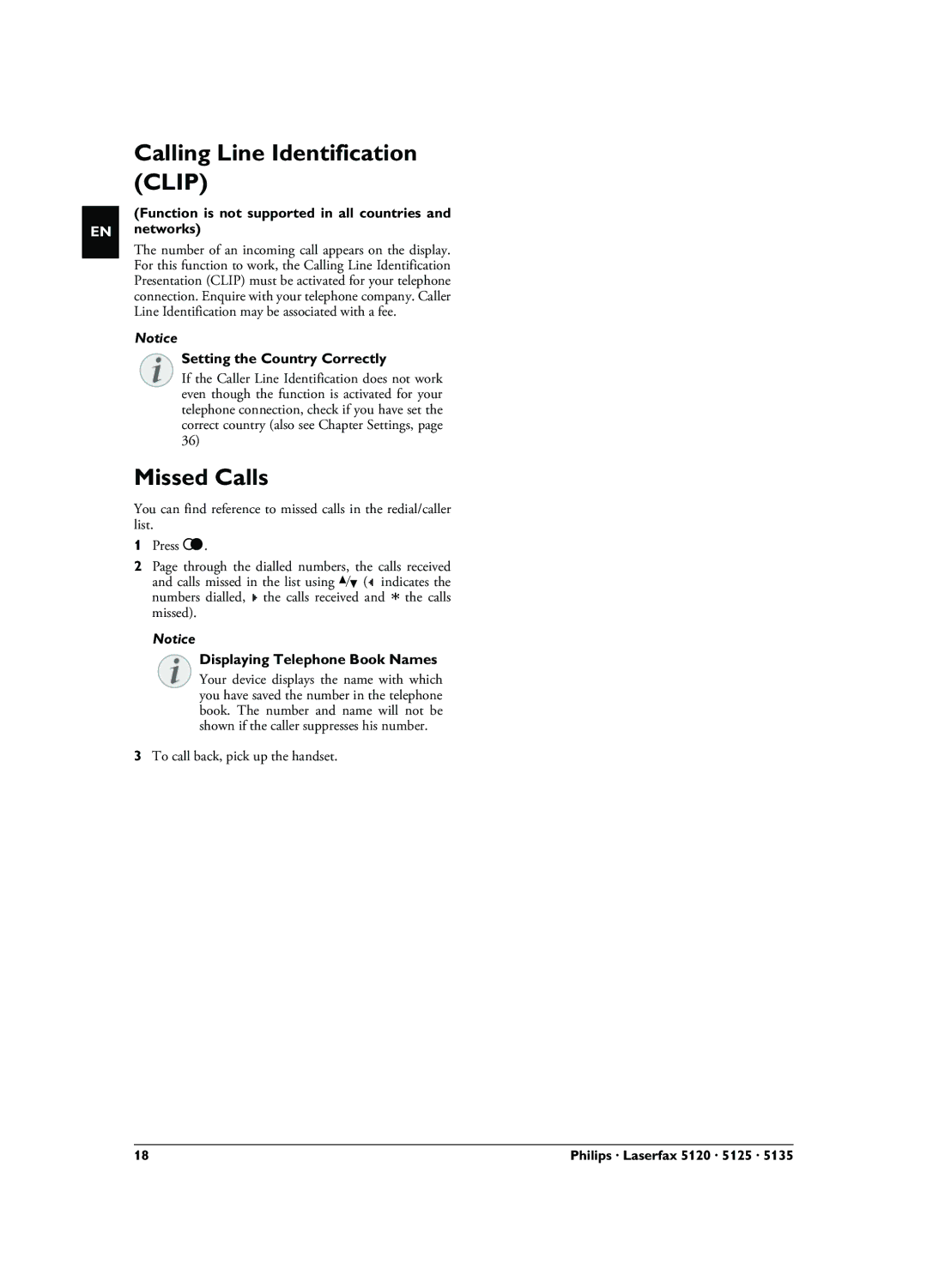 Philips LPF 5120, LPF 5135, LPF 5125 Calling Line Identification Clip, Missed Calls, Displaying Telephone Book Names 