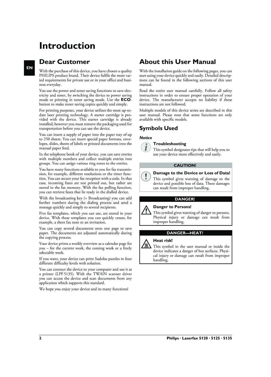 Philips LPF 5120, LPF 5135, LPF 5125, 253117544-B user manual Introduction, Dear Customer, Symbols Used 