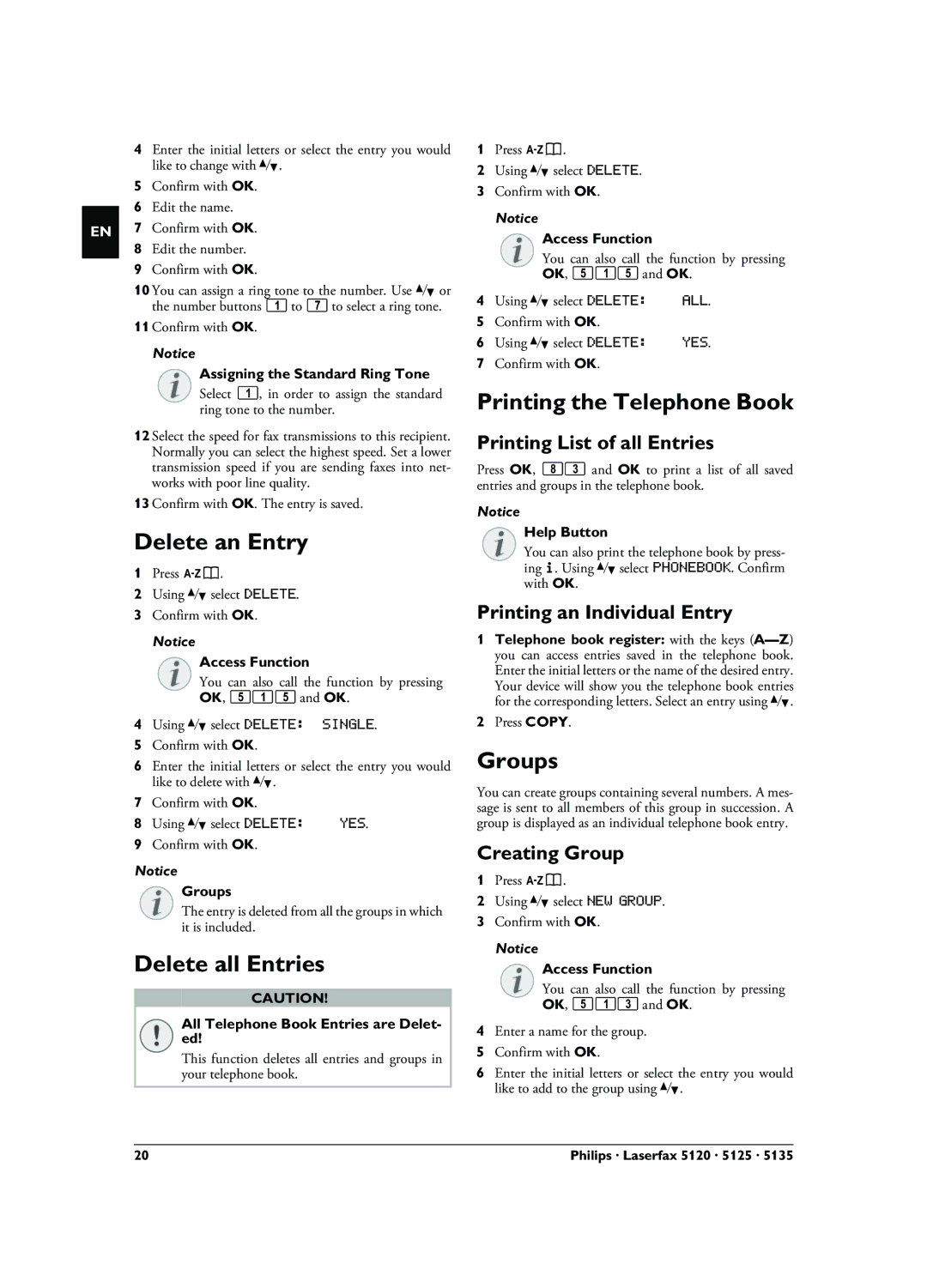 Philips LPF 5135, LPF 5125, LPF 5120, 253117544-B Delete an Entry, Delete all Entries, Printing the Telephone Book, Groups 