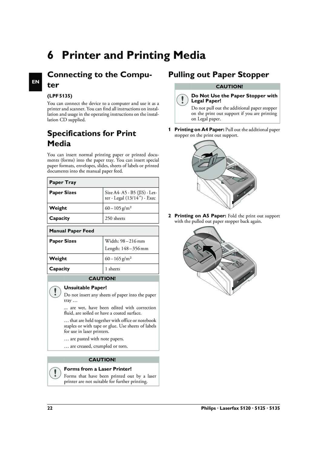 Philips LPF 5120, LPF 5135 Printer and Printing Media, Connecting to the Compu- ter, Specifications for Print Media 