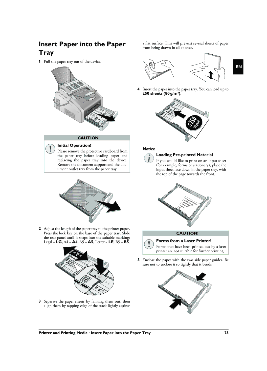 Philips 253117544-B Insert Paper into the Paper Tray, Initial Operation, Loading Pre-printed Material, Sheets 80g/m2 