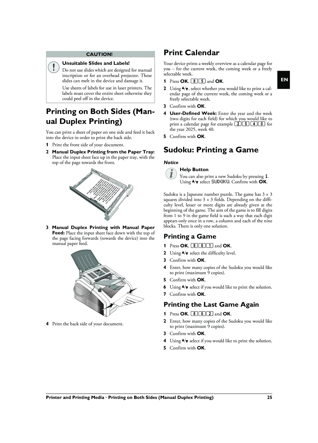 Philips LPF 5125, LPF 5135 Printing on Both Sides Man- ual Duplex Printing, Print Calendar, Sudoku Printing a Game 