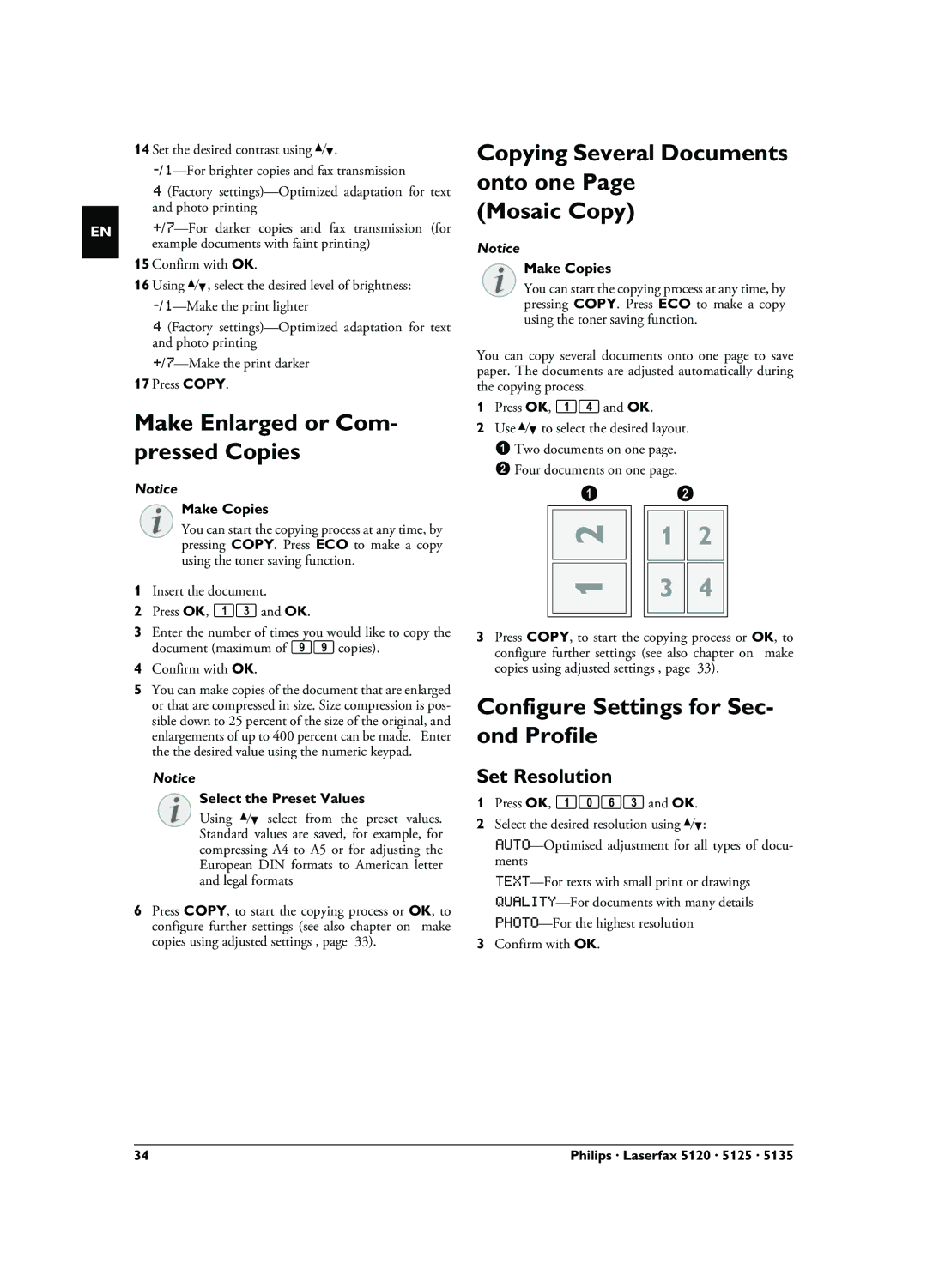 Philips LPF 5120 Make Enlarged or Com- pressed Copies, Copying Several Documents onto one Mosaic Copy, Set Resolution 