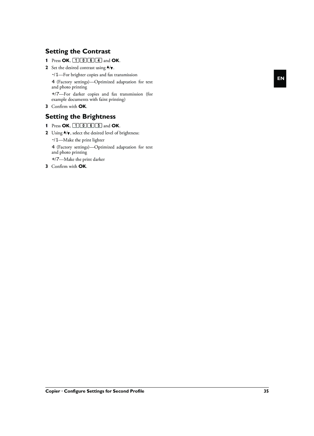 Philips 253117544-B, LPF 5135 Setting the Contrast, Setting the Brightness, Copier · Configure Settings for Second Profile 