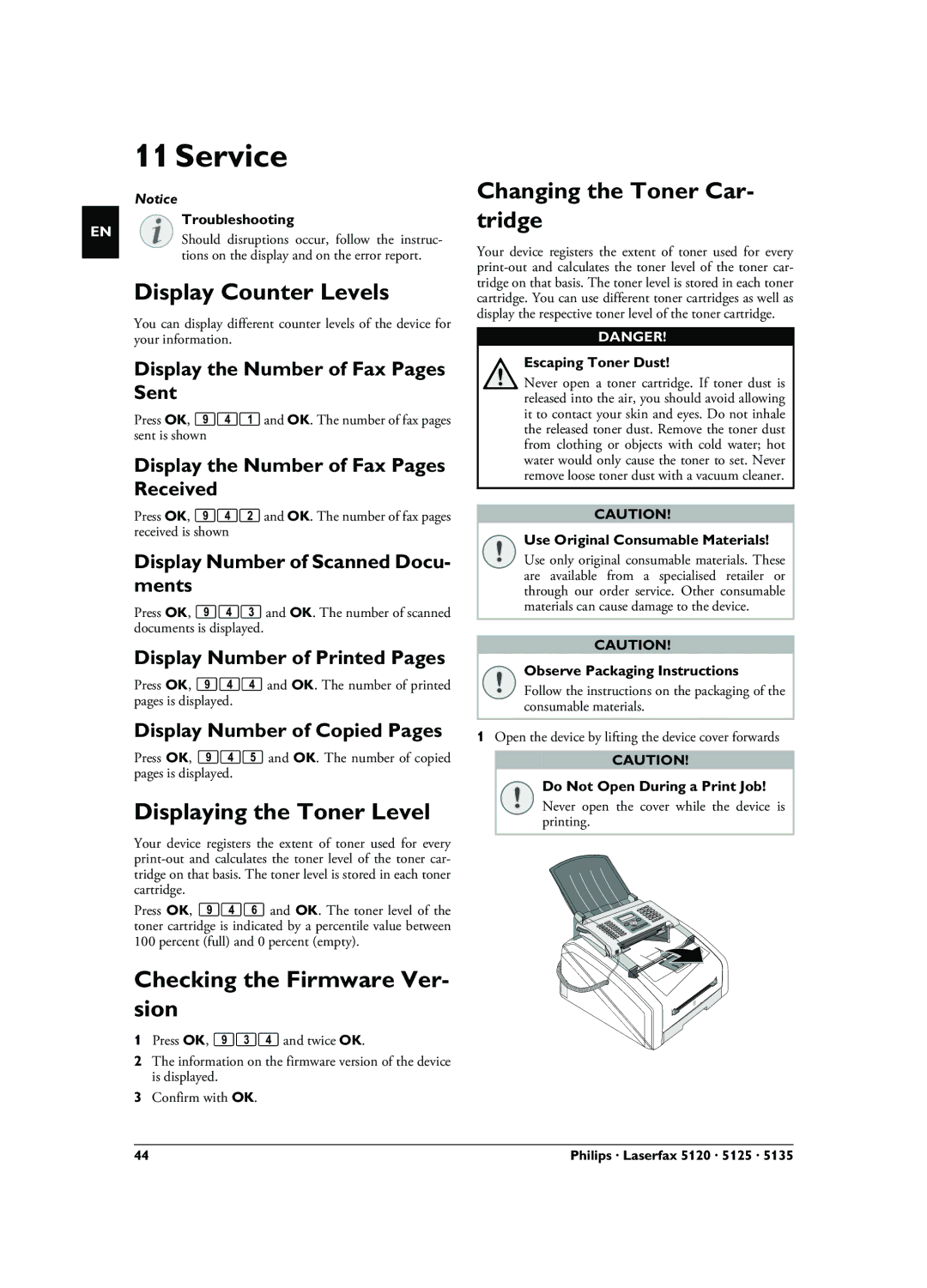 Philips LPF 5135, LPF 5125 Service, Display Counter Levels, Displaying the Toner Level, Checking the Firmware Ver- sion 