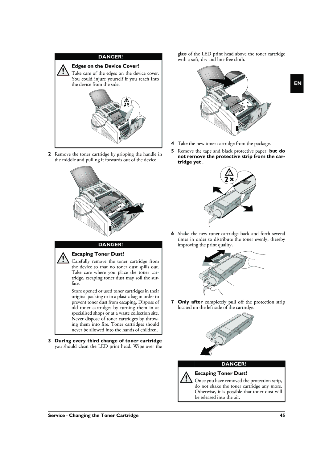 Philips LPF 5125, LPF 5135, LPF 5120, 253117544-B Edges on the Device Cover, Service · Changing the Toner Cartridge 