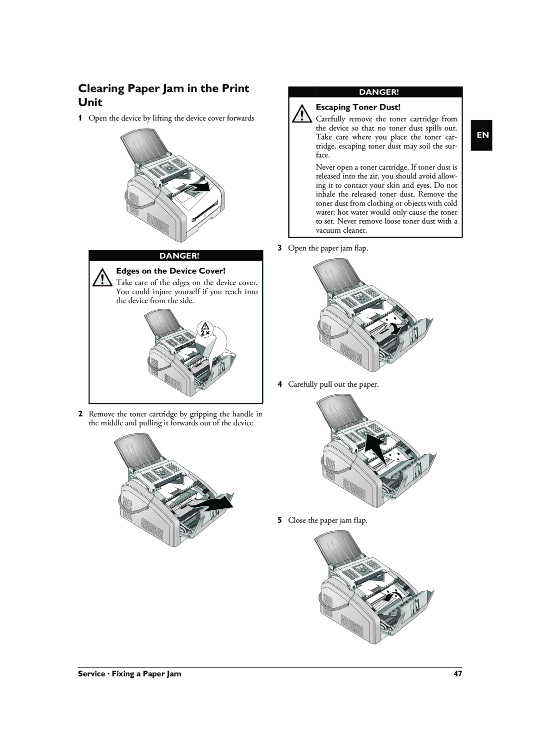 Philips 253117544-B, LPF 5135, LPF 5125, LPF 5120 Clearing Paper Jam in the Print Unit, Service · Fixing a Paper Jam 