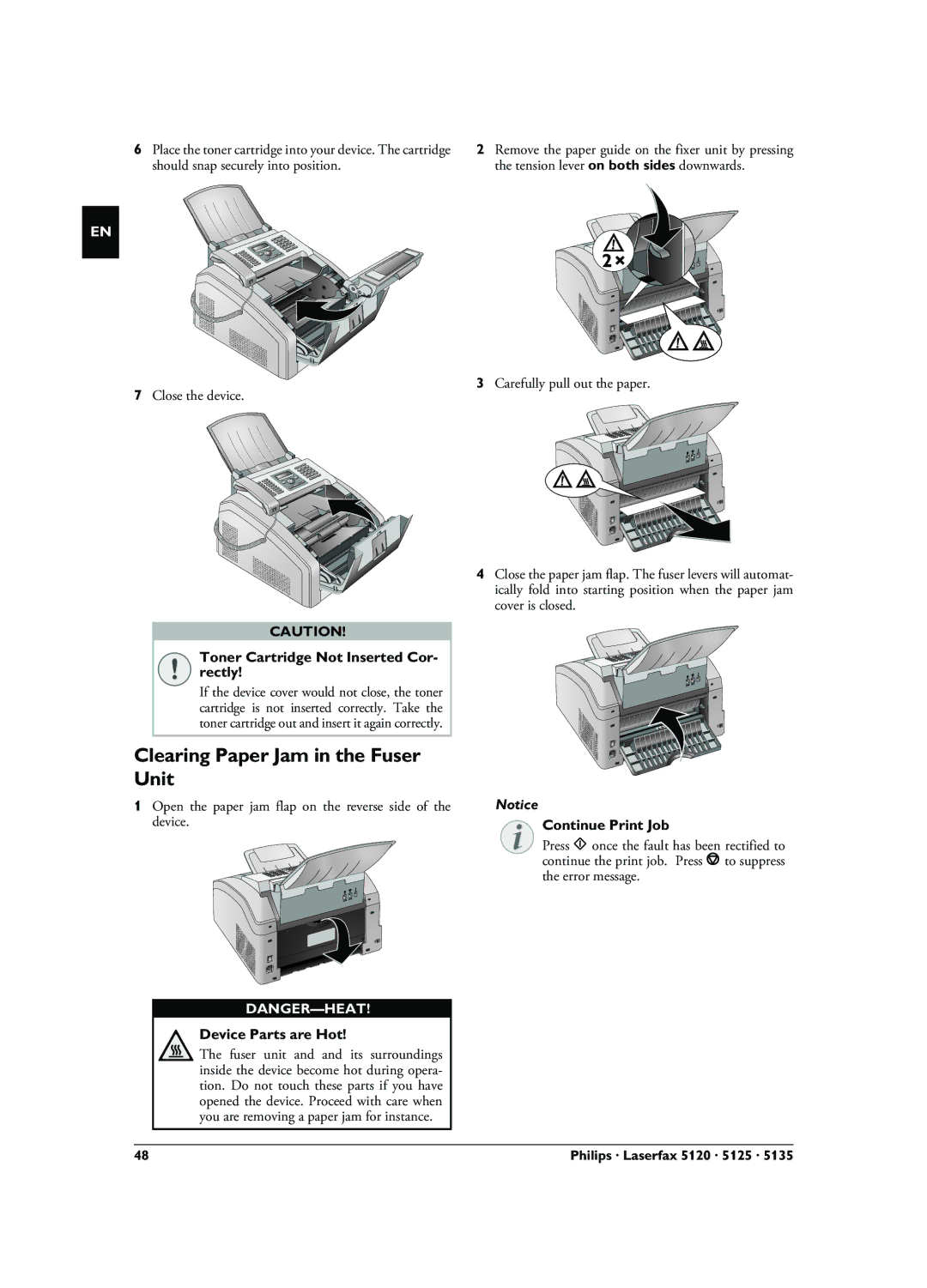 Philips LPF 5135, LPF 5125, LPF 5120 Clearing Paper Jam in the Fuser Unit, Device Parts are Hot, Continue Print Job 