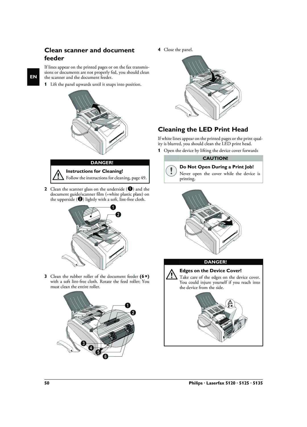 Philips LPF 5120, LPF 5135, LPF 5125, 253117544-B user manual Clean scanner and document feeder, Cleaning the LED Print Head 