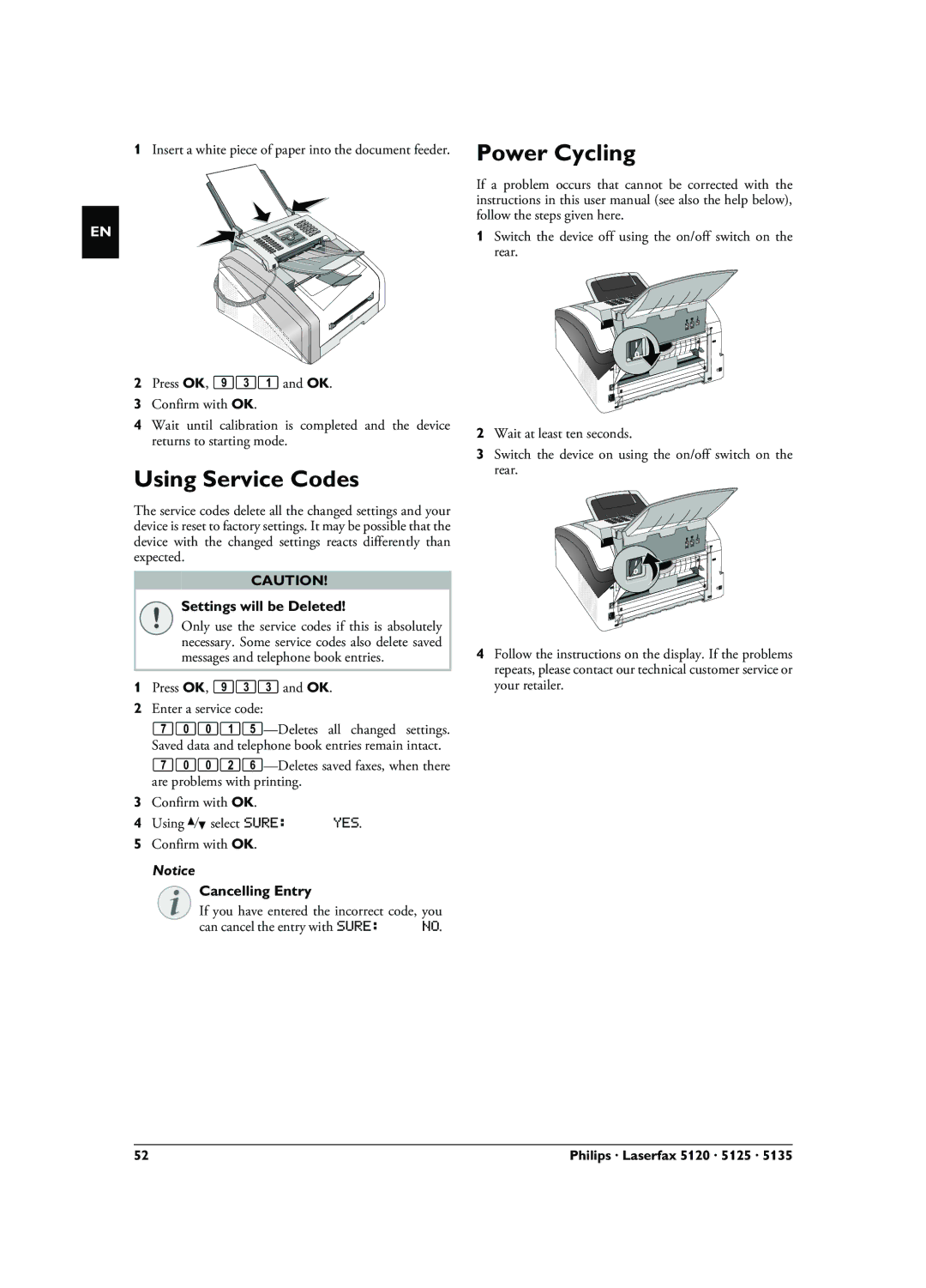 Philips LPF 5135, LPF 5125, LPF 5120 Using Service Codes, Power Cycling, Settings will be Deleted, Cancelling Entry 