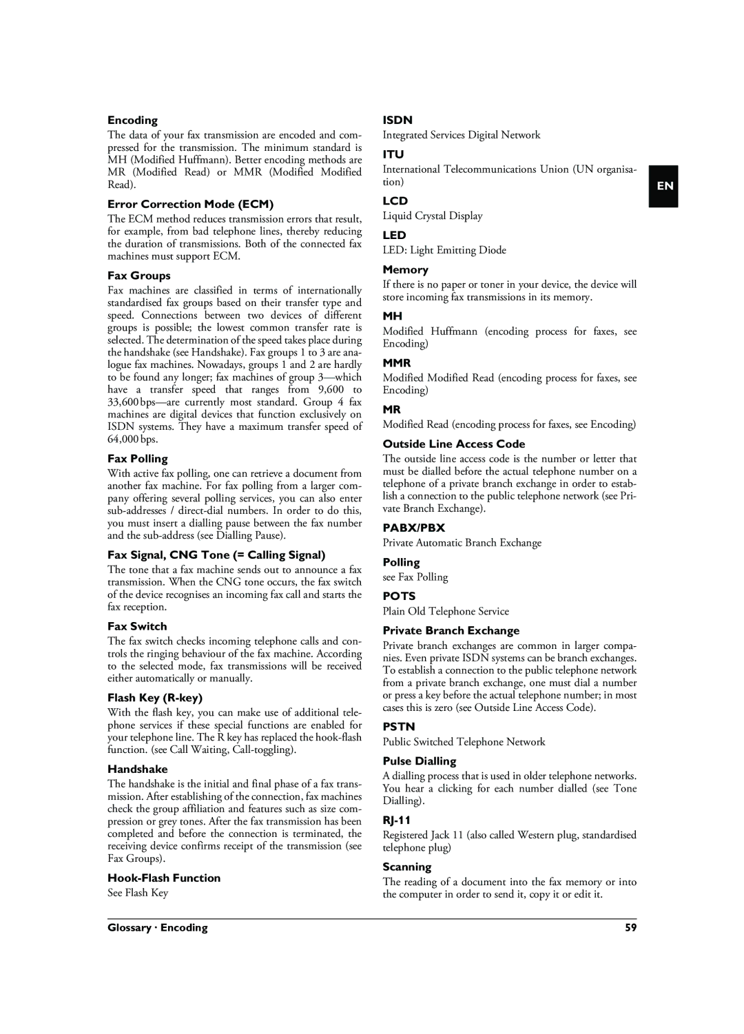 Philips 253117544-B Encoding, Error Correction Mode ECM, Fax Groups, Fax Polling, Fax Signal, CNG Tone = Calling Signal 