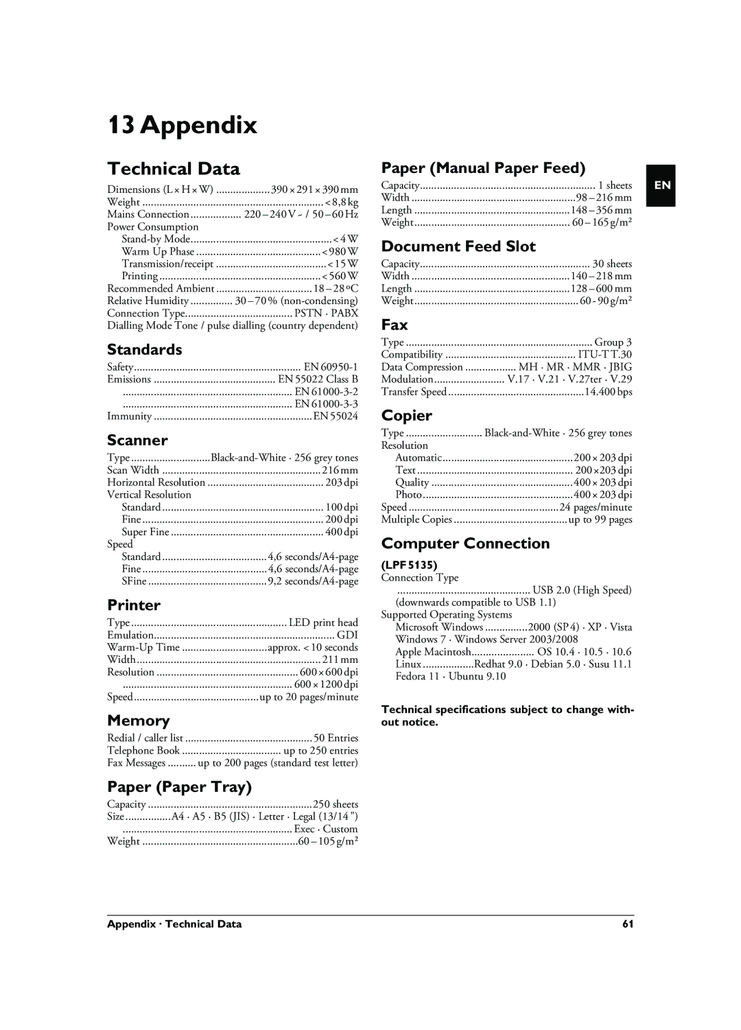 Philips LPF 5125, LPF 5135, LPF 5120, 253117544-B user manual Appendix, Technical Data 