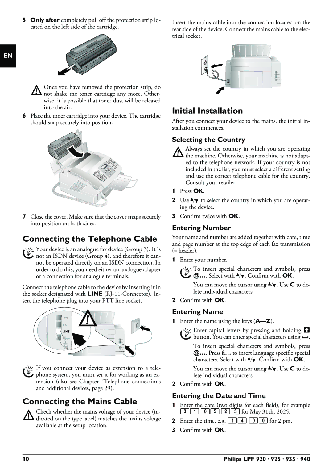 Philips LPF 935, LPF 940, LPF 925, LPF 920 Connecting the Telephone Cable, Connecting the Mains Cable, Initial Installation 