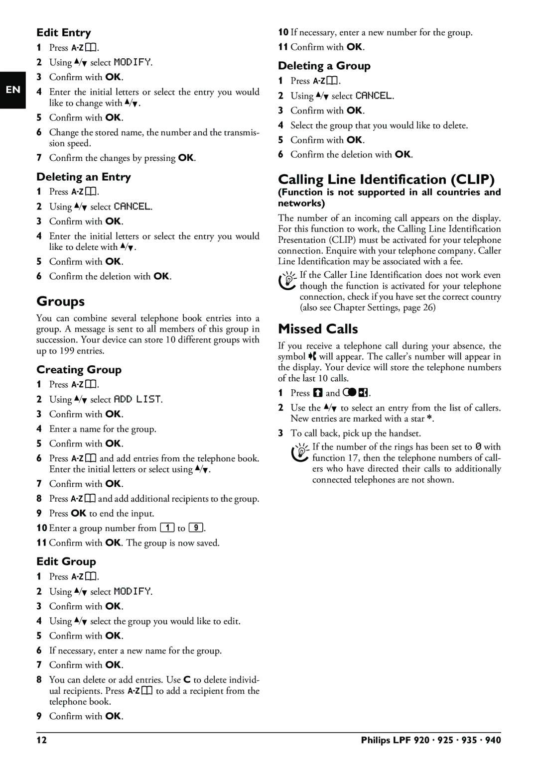 Philips LPF 940, LPF 925, LPF 935, LPF 920 user manual Groups, Calling Line Identification Clip, Missed Calls 