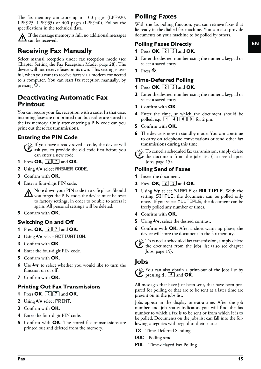 Philips LPF 920, LPF 940, LPF 925, LPF 935 Receiving Fax Manually, Deactivating Automatic Fax Printout, Polling Faxes, Jobs 