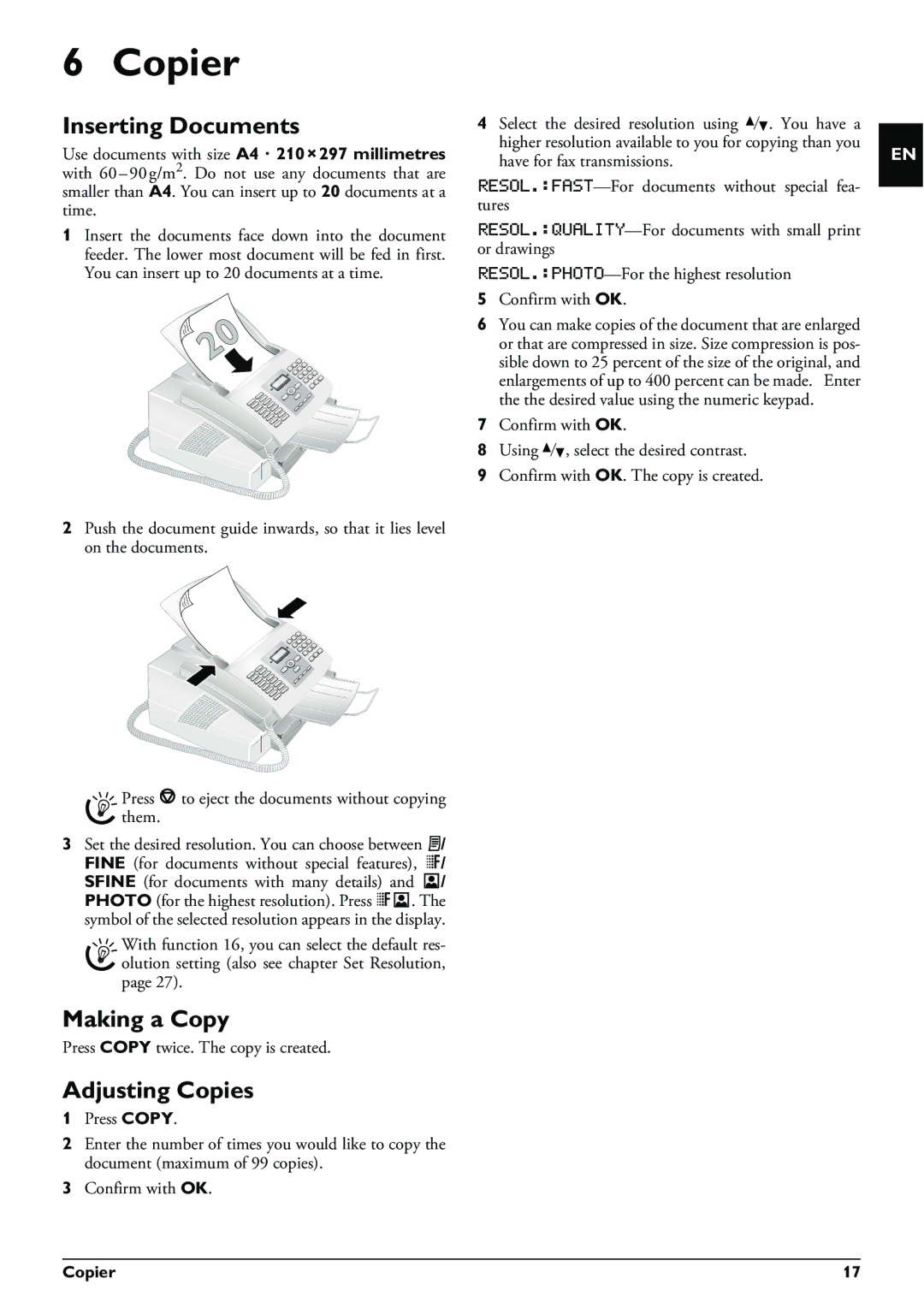 Philips LPF 925, LPF 940, LPF 935, LPF 920 user manual Copier, Inserting Documents, Making a Copy, Adjusting Copies 