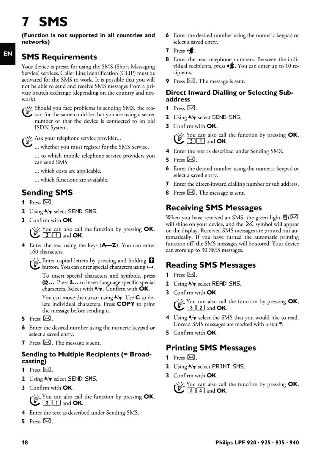 Philips LPF 935 SMS Requirements, Sending SMS, Receiving SMS Messages, Reading SMS Messages, Printing SMS Messages 