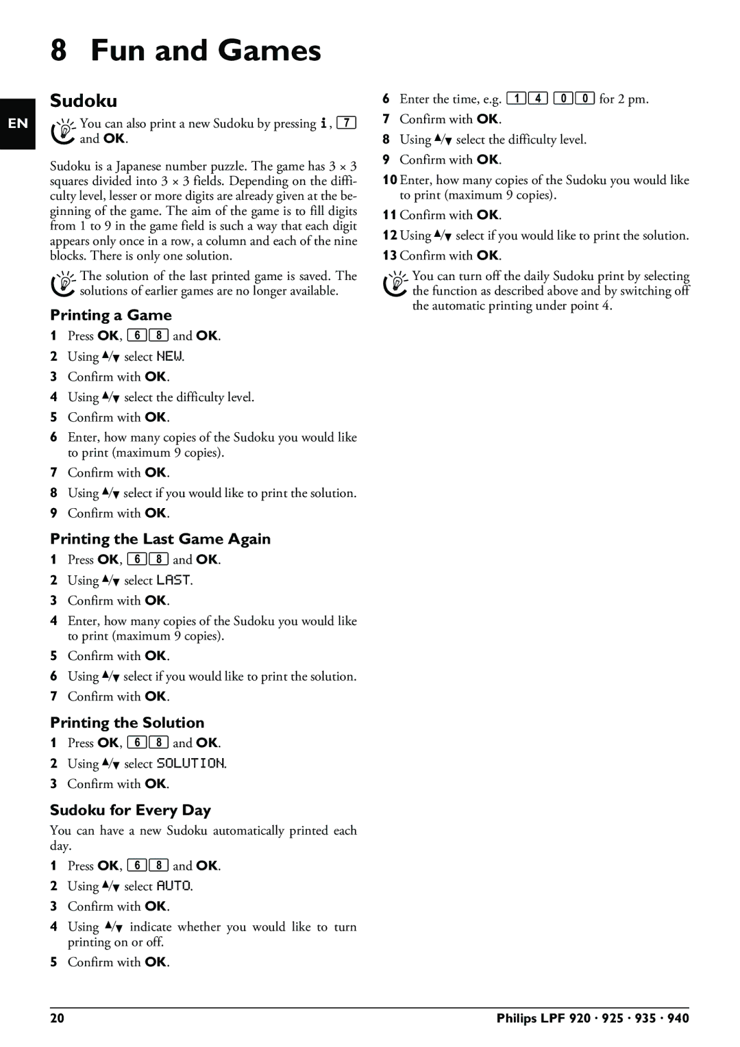 Philips LPF 940, LPF 925, LPF 935, LPF 920 user manual Fun and Games, Sudoku 