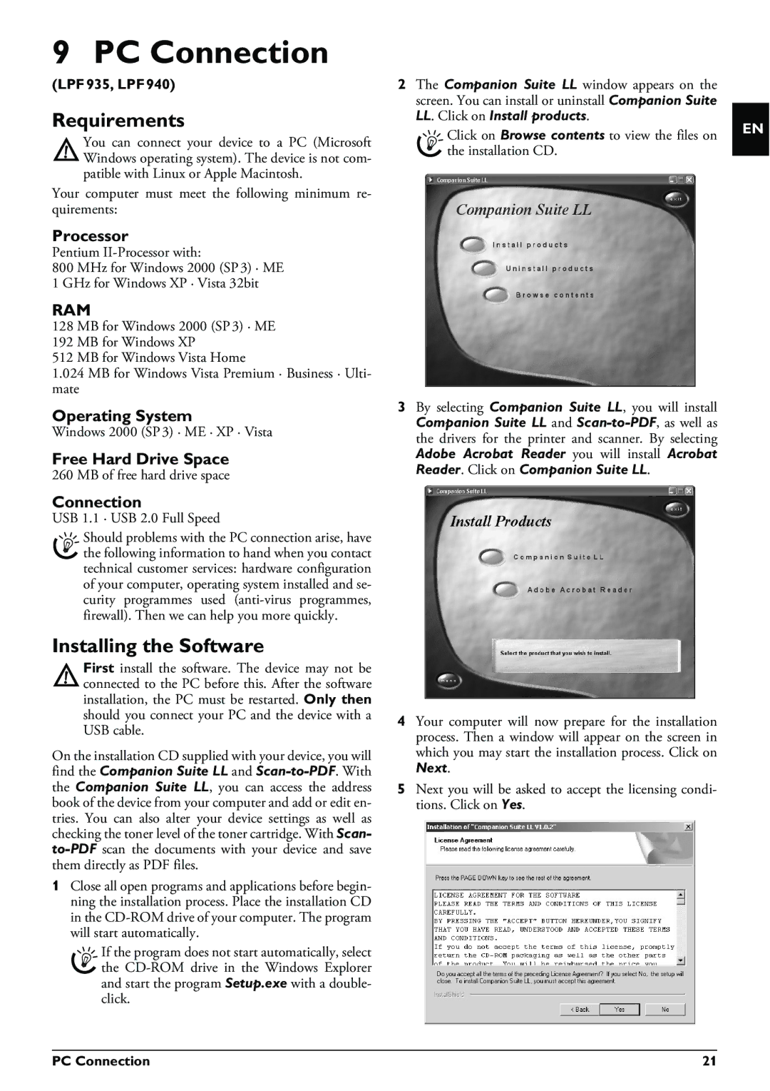 Philips LPF 925, LPF 940, LPF 935, LPF 920 user manual PC Connection, Requirements, Installing the Software 