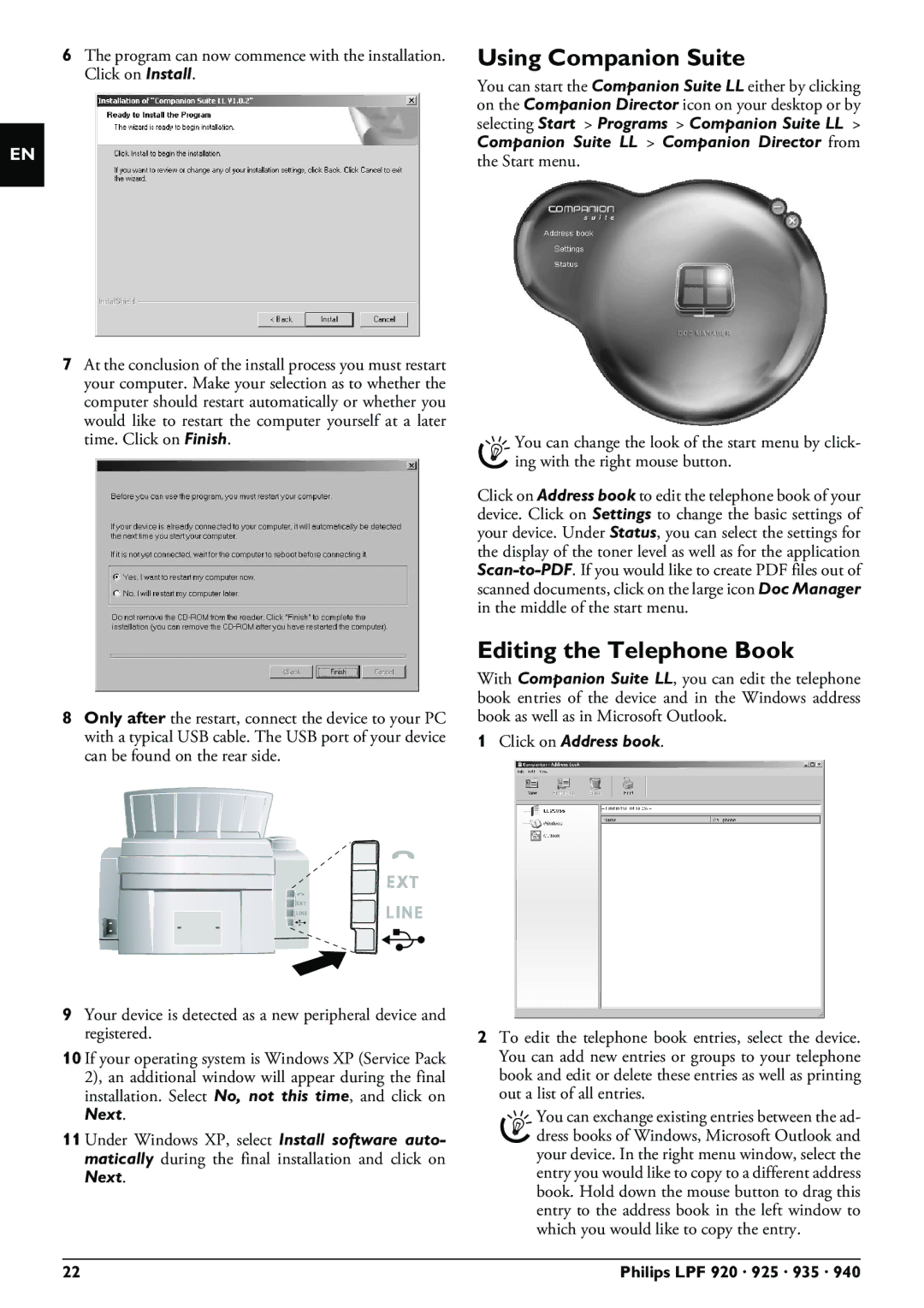 Philips LPF 935, LPF 940, LPF 925, LPF 920 user manual Using Companion Suite, Editing the Telephone Book 