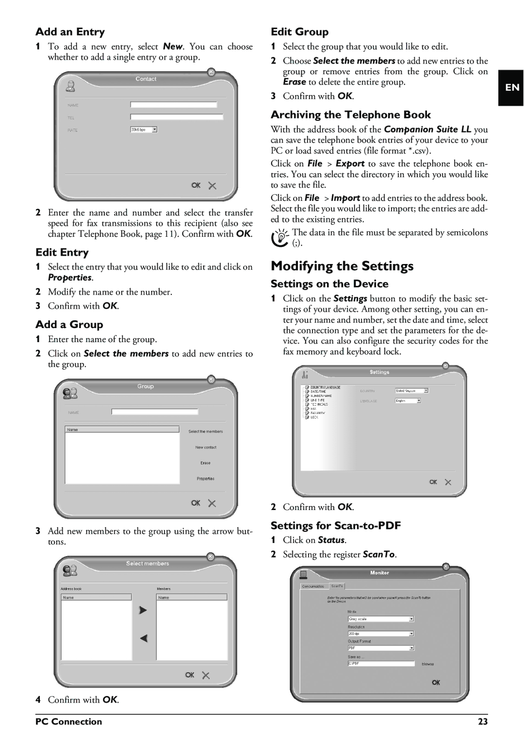 Philips LPF 920, LPF 940, LPF 925, LPF 935 Add an Entry, Add a Group, Archiving the Telephone Book, Settings on the Device 