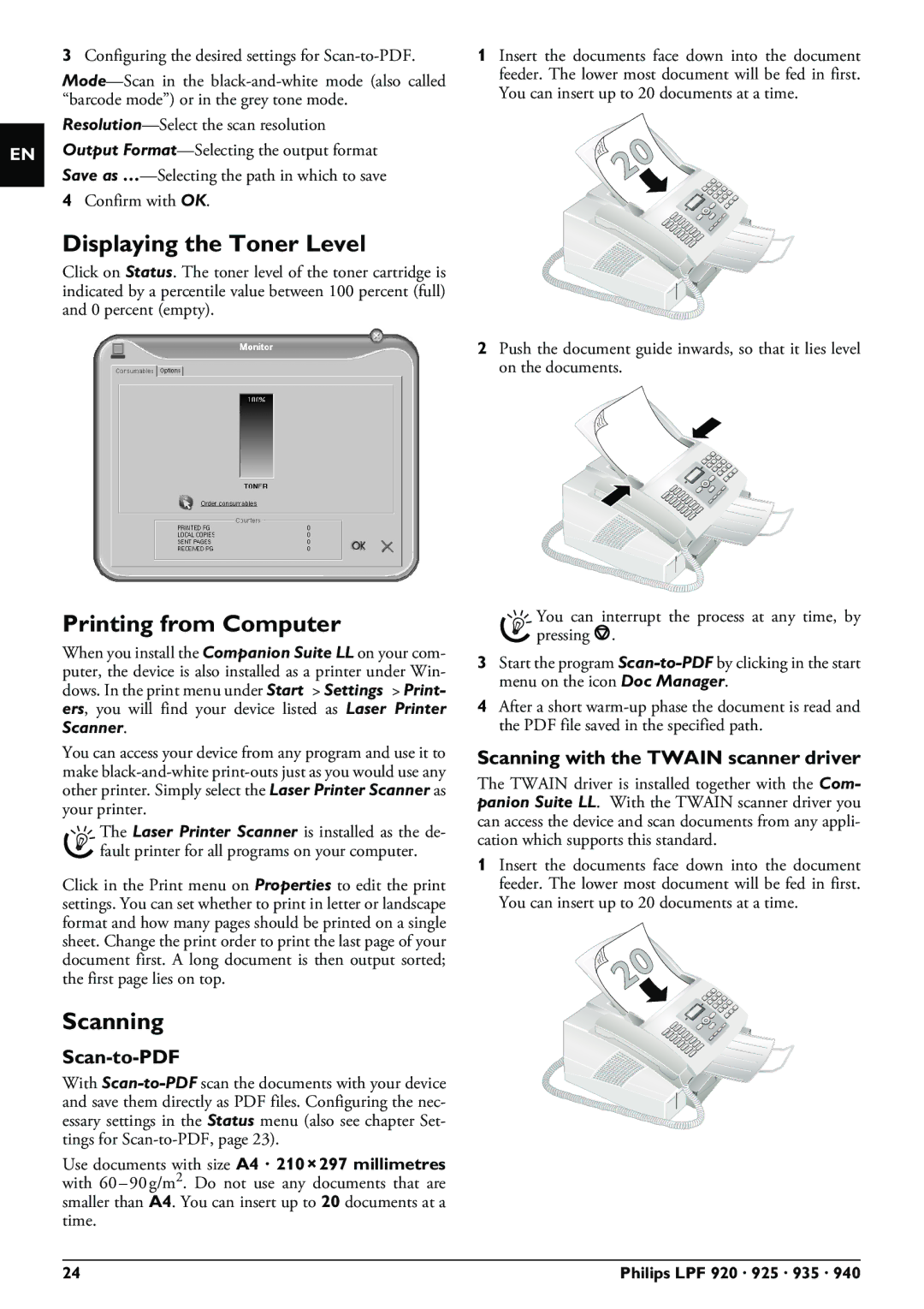 Philips LPF 940, LPF 925 Displaying the Toner Level, Printing from Computer, Scanning with the Twain scanner driver 