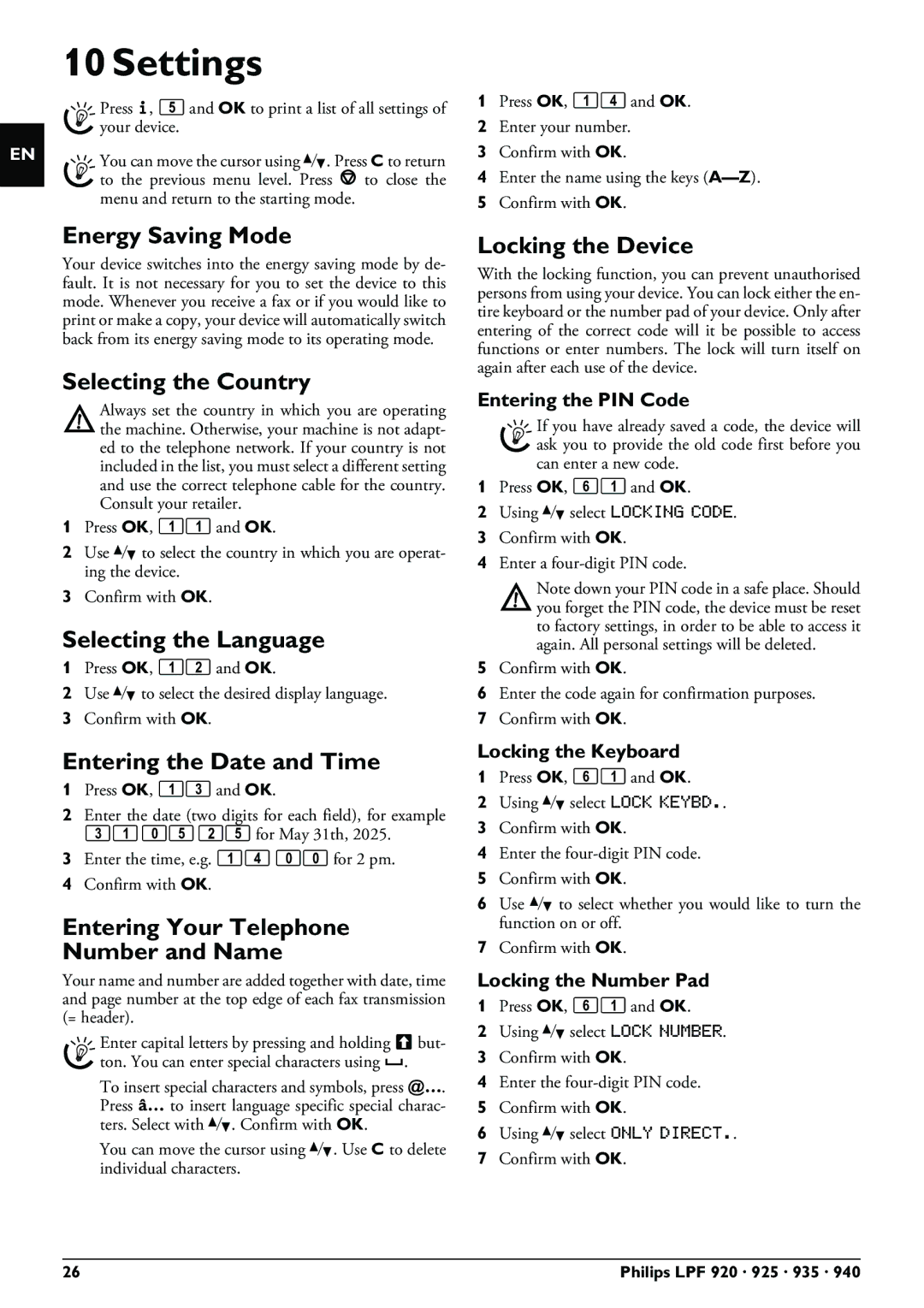 Philips LPF 935, LPF 940, LPF 925, LPF 920 user manual Settings 