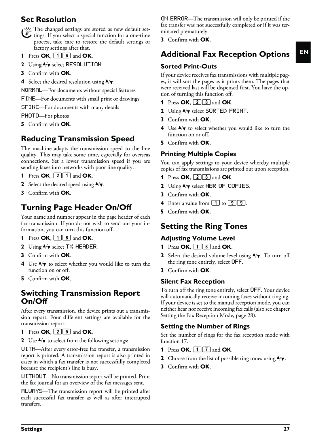 Philips LPF 920 Set Resolution, Reducing Transmission Speed, Turning Page Header On/Off, Additional Fax Reception Options 