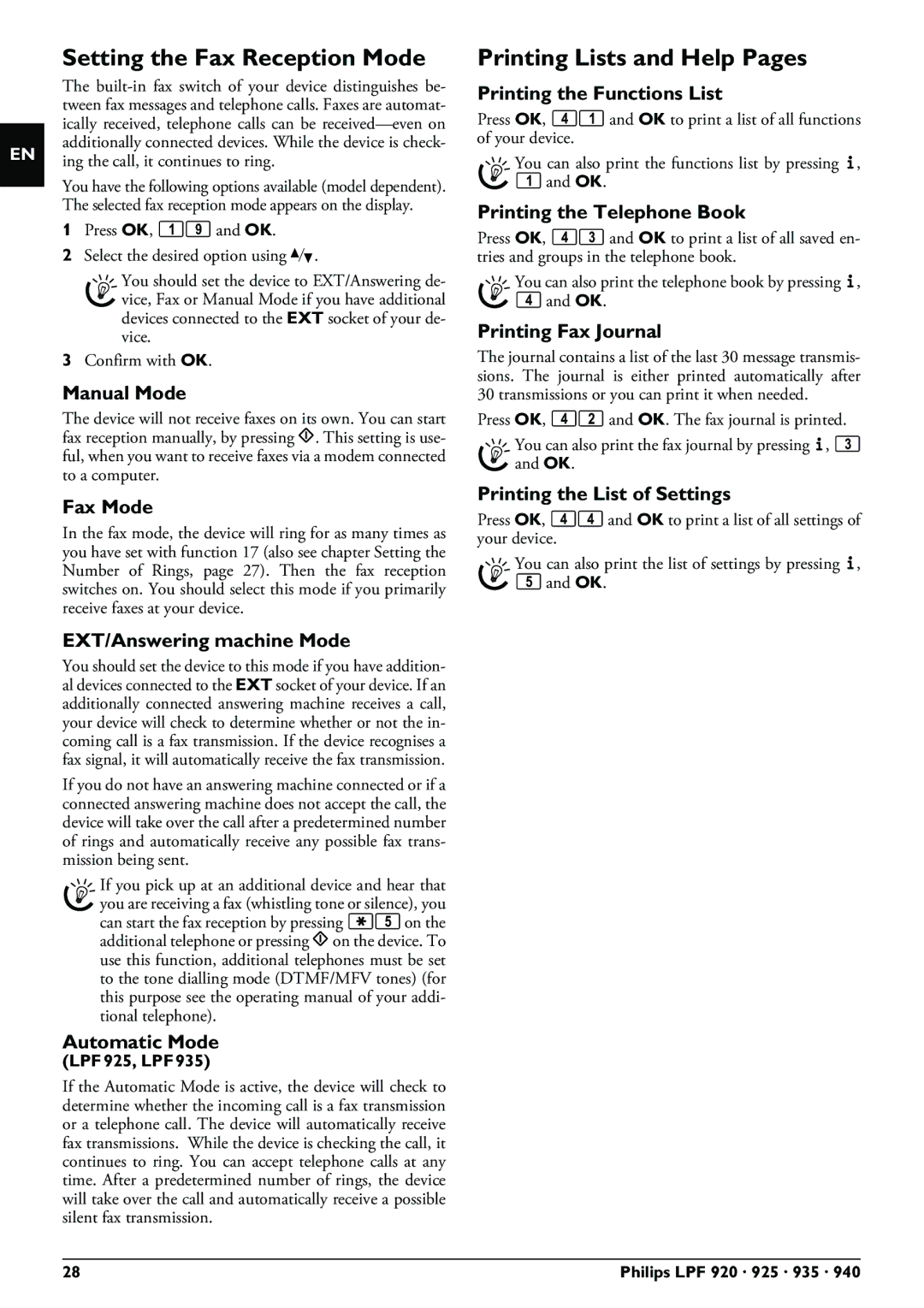 Philips LPF 940, LPF 925, LPF 935, LPF 920 user manual Setting the Fax Reception Mode, Printing Lists and Help Pages 