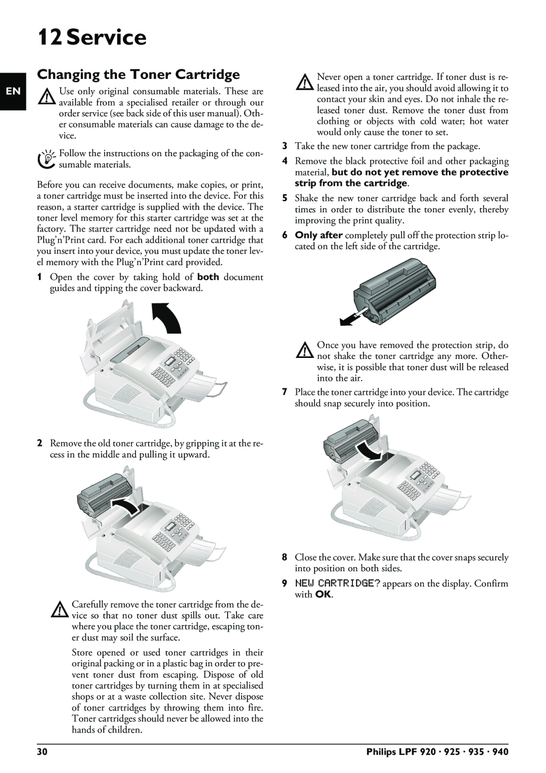 Philips LPF 935, LPF 940, LPF 925, LPF 920 user manual Service, Changing the Toner Cartridge 