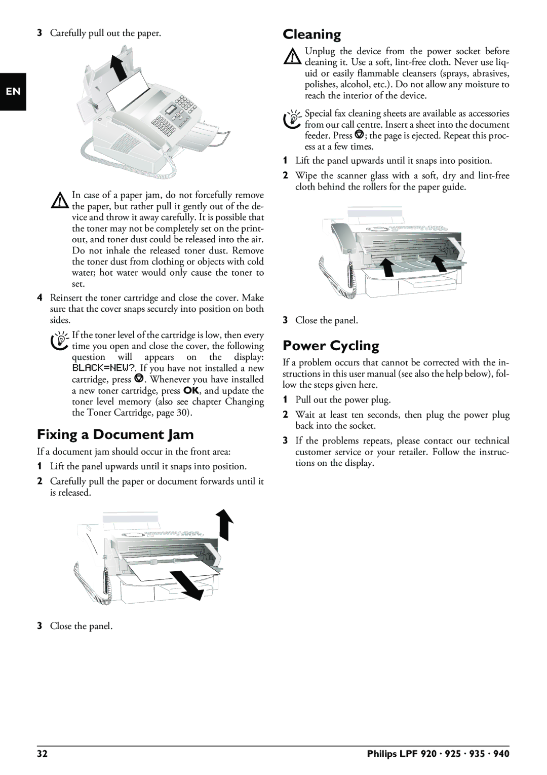 Philips LPF 940, LPF 925, LPF 935, LPF 920 user manual Fixing a Document Jam, Cleaning, Power Cycling 