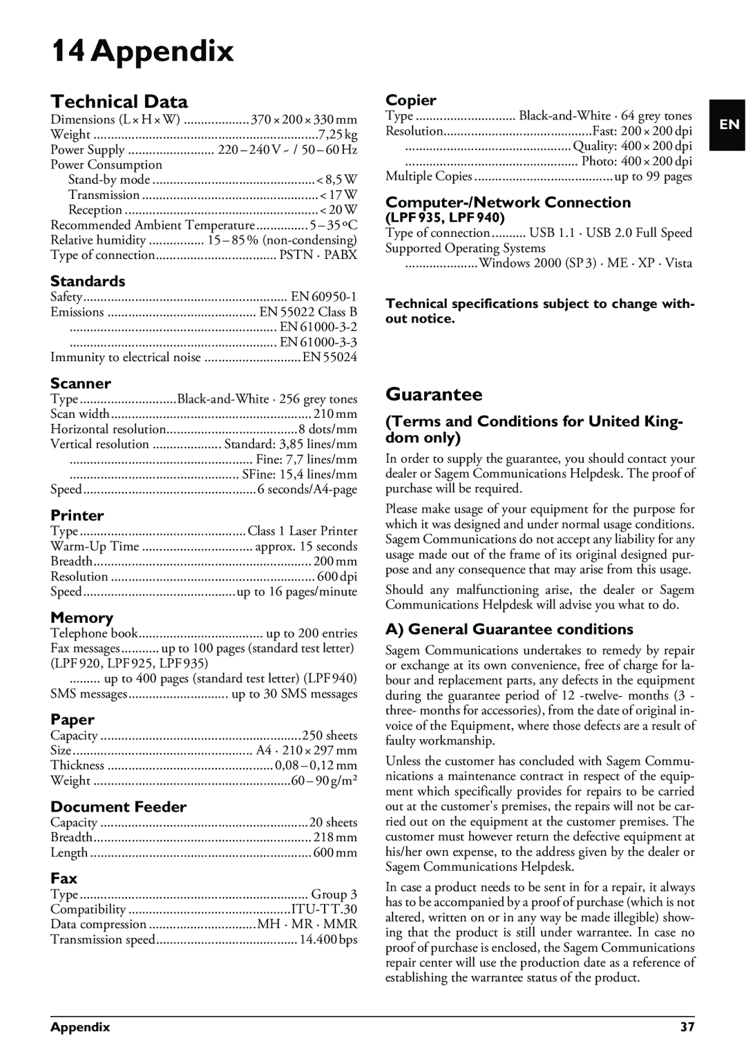 Philips LPF 925, LPF 940, LPF 935, LPF 920 user manual Appendix, Technical Data, Guarantee 