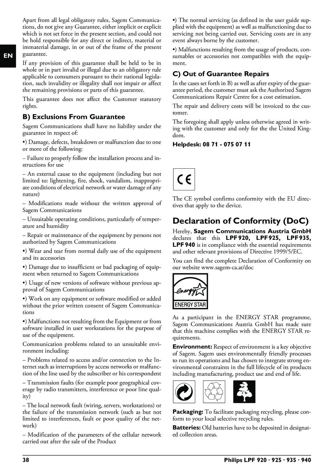 Philips LPF 935 Declaration of Conformity DoC, Exclusions From Guarantee, Out of Guarantee Repairs, Helpdesk 08 71 075 07 