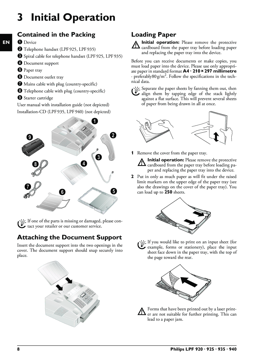 Philips LPF 940, LPF 925 Initial Operation, Contained in the Packing, Loading Paper, Attaching the Document Support 