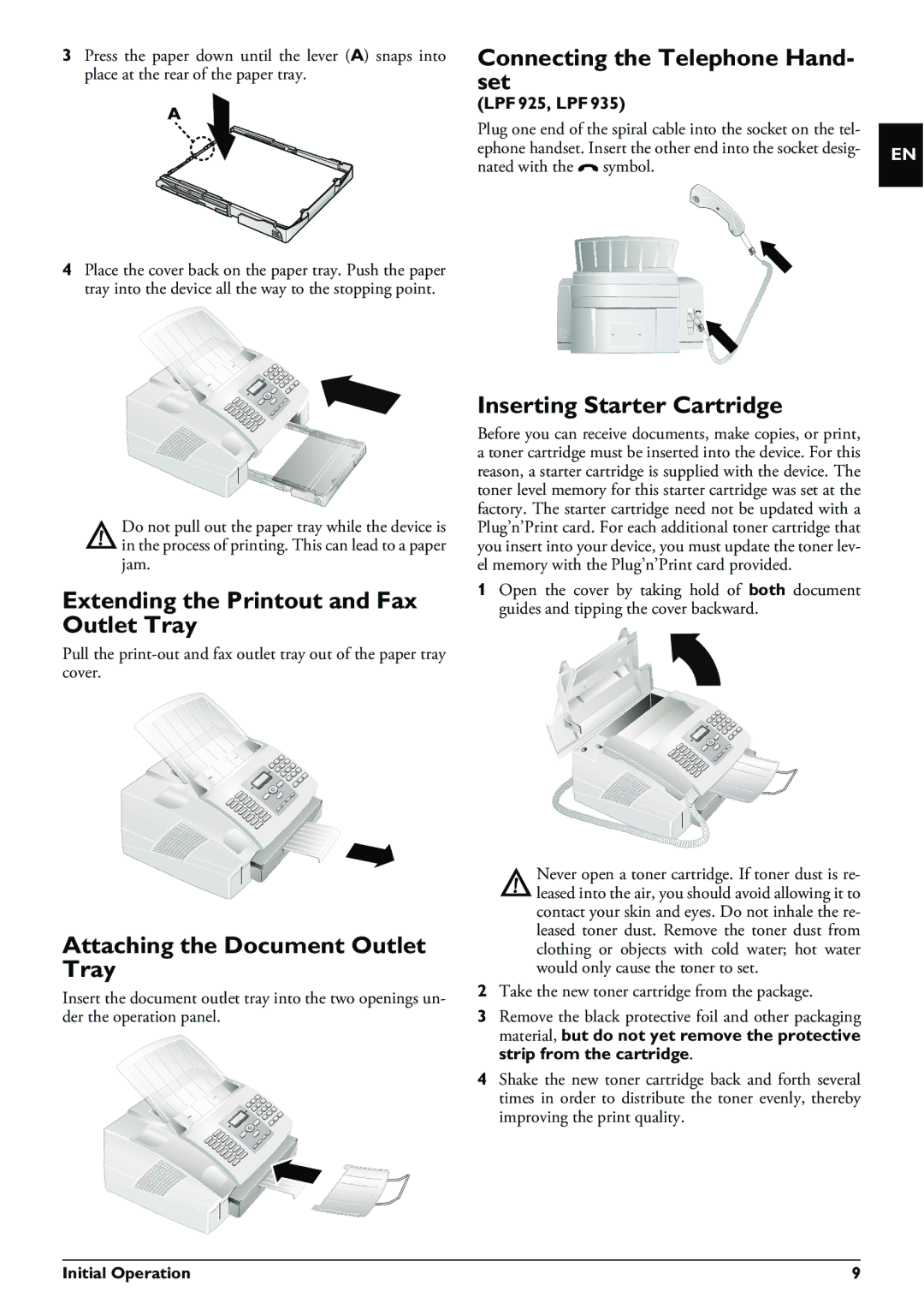 Philips LPF 925, LPF 940, LPF 935, LPF 920 Connecting the Telephone Hand- set, Extending the Printout and Fax Outlet Tray 