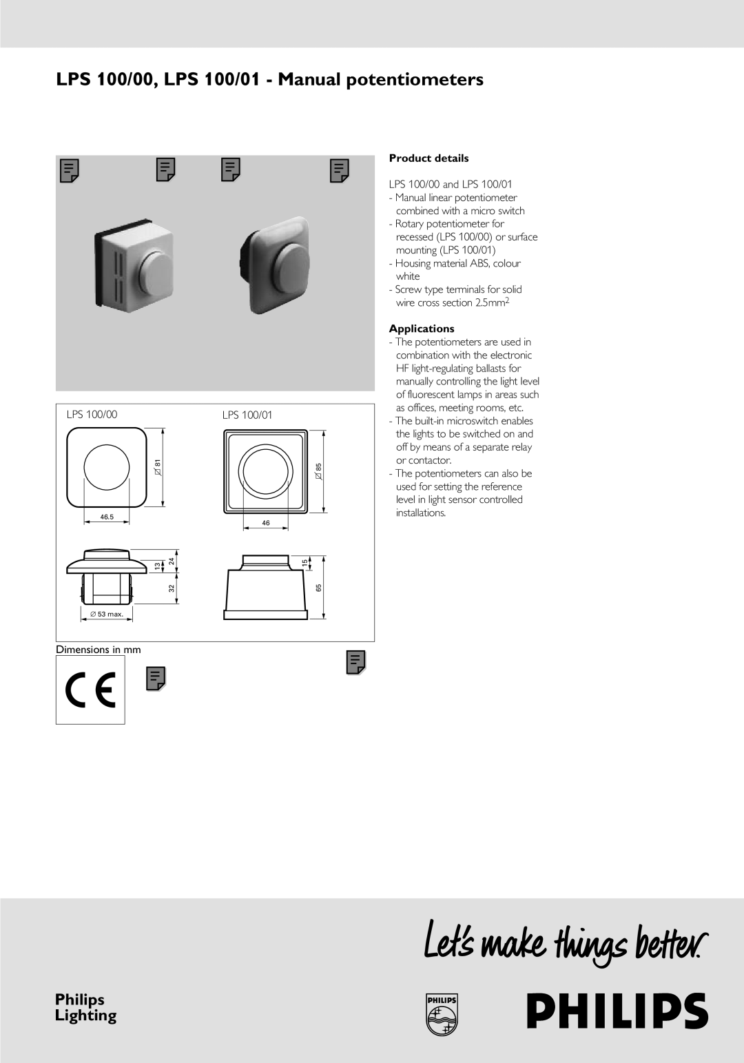 Philips lps 100 0 dimensions LPS 100/00, LPS 100/01 Manual potentiometers 