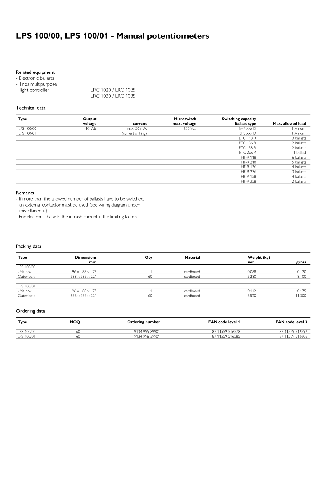 Philips lps 100 0 dimensions Ordering data 