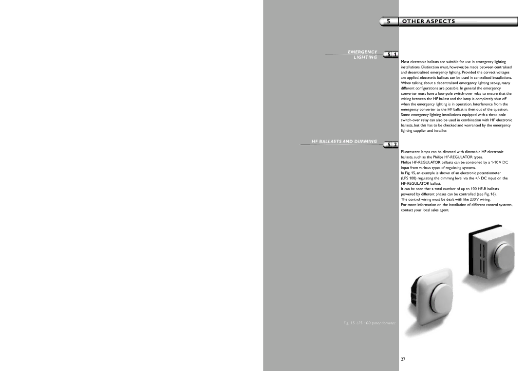 Philips LPS 100 manual Other Aspects, Emergency Lighting, HF Ballasts and Dimming 