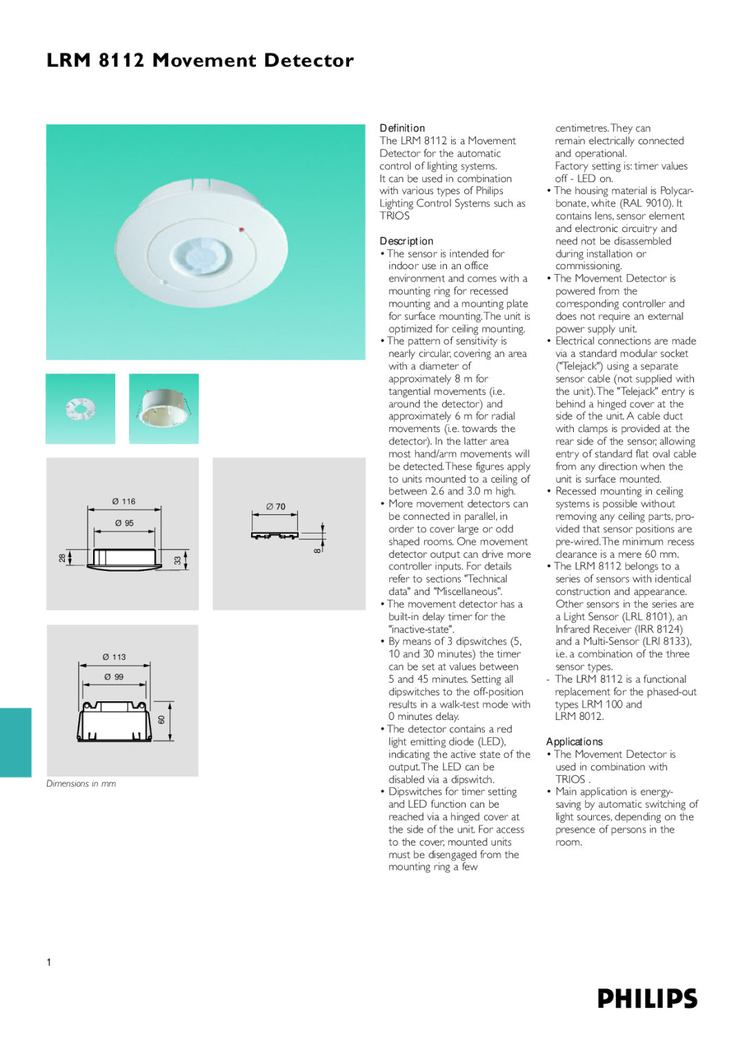 Philips dimensions LRM 8112 Movement Detector, Trios 