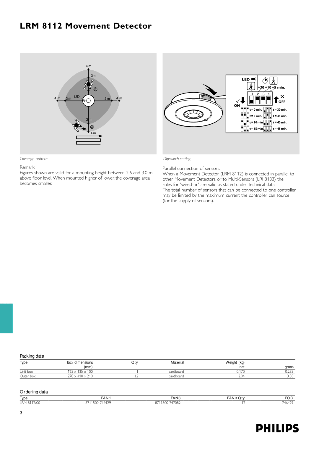 Philips LRM 8112 dimensions Remark, Parallel connection of sensors, Ordering data, Led 