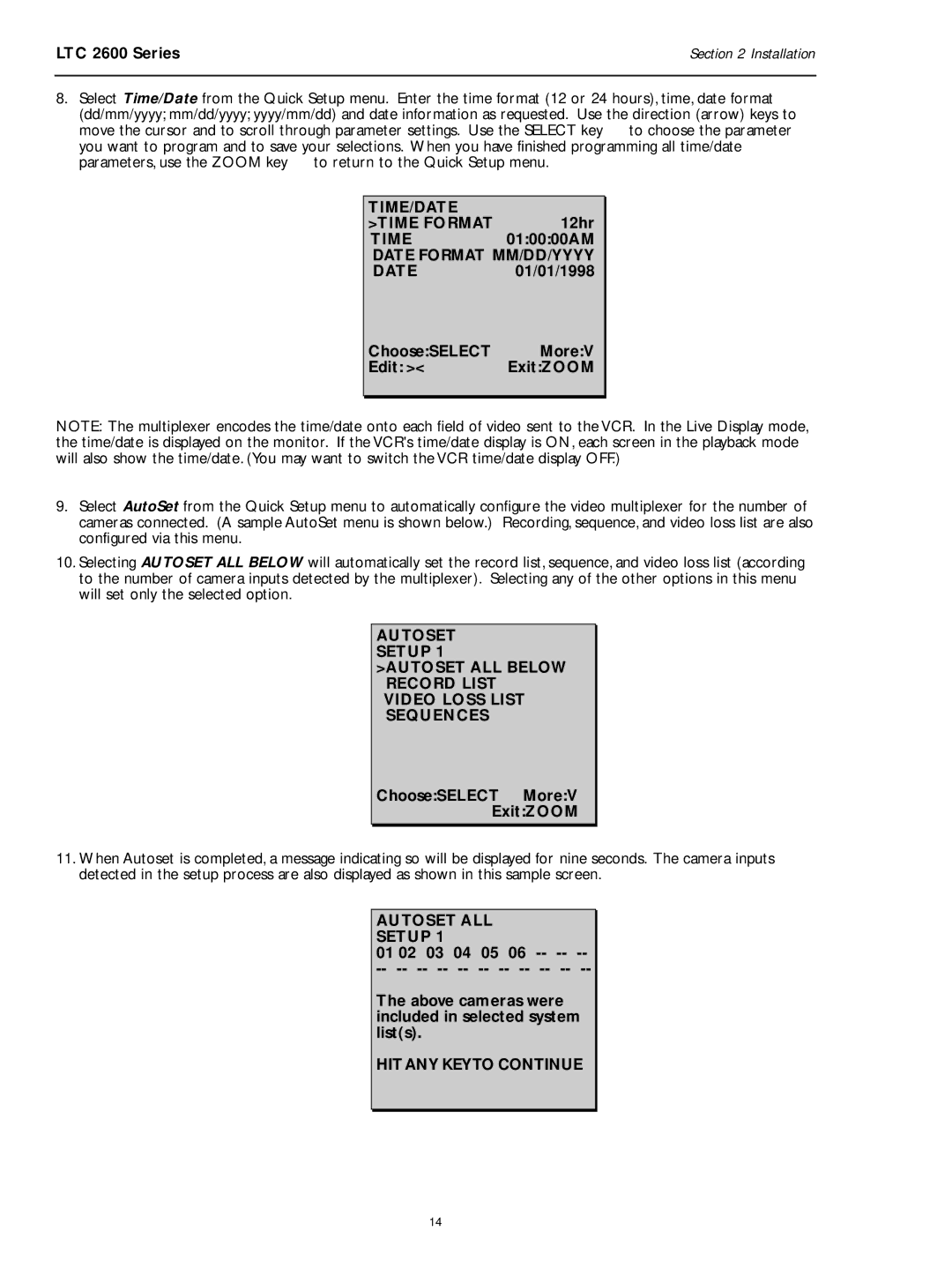 Philips LTC 2600 manual TIME/DATE Time Format, Date Format MM/DD/YYYY, Autoset ALL Setup, Hitany Keyto Continue 