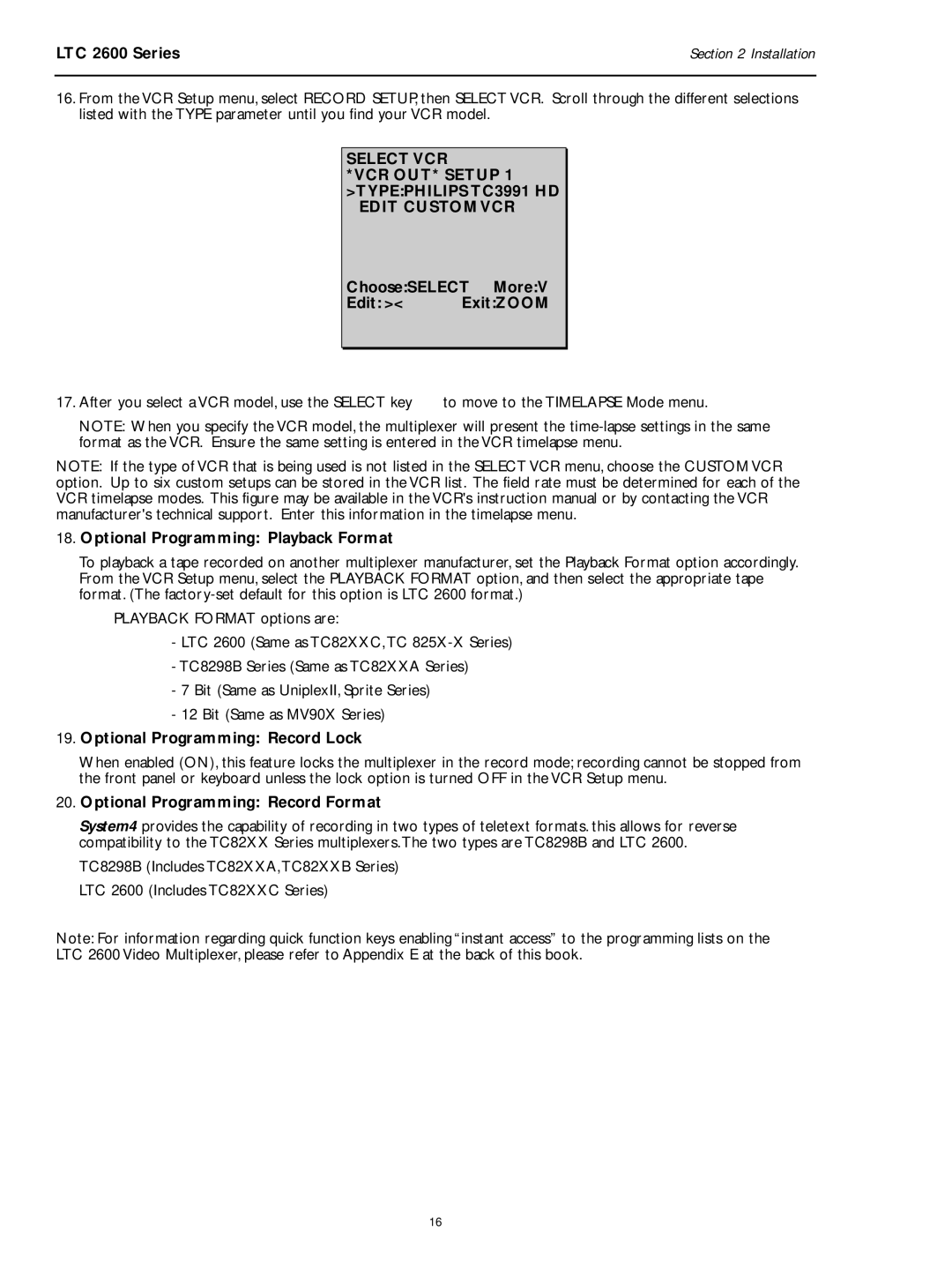 Philips LTC 2600 manual Optional Programming Playback Format, Optional Programming Record Lock 