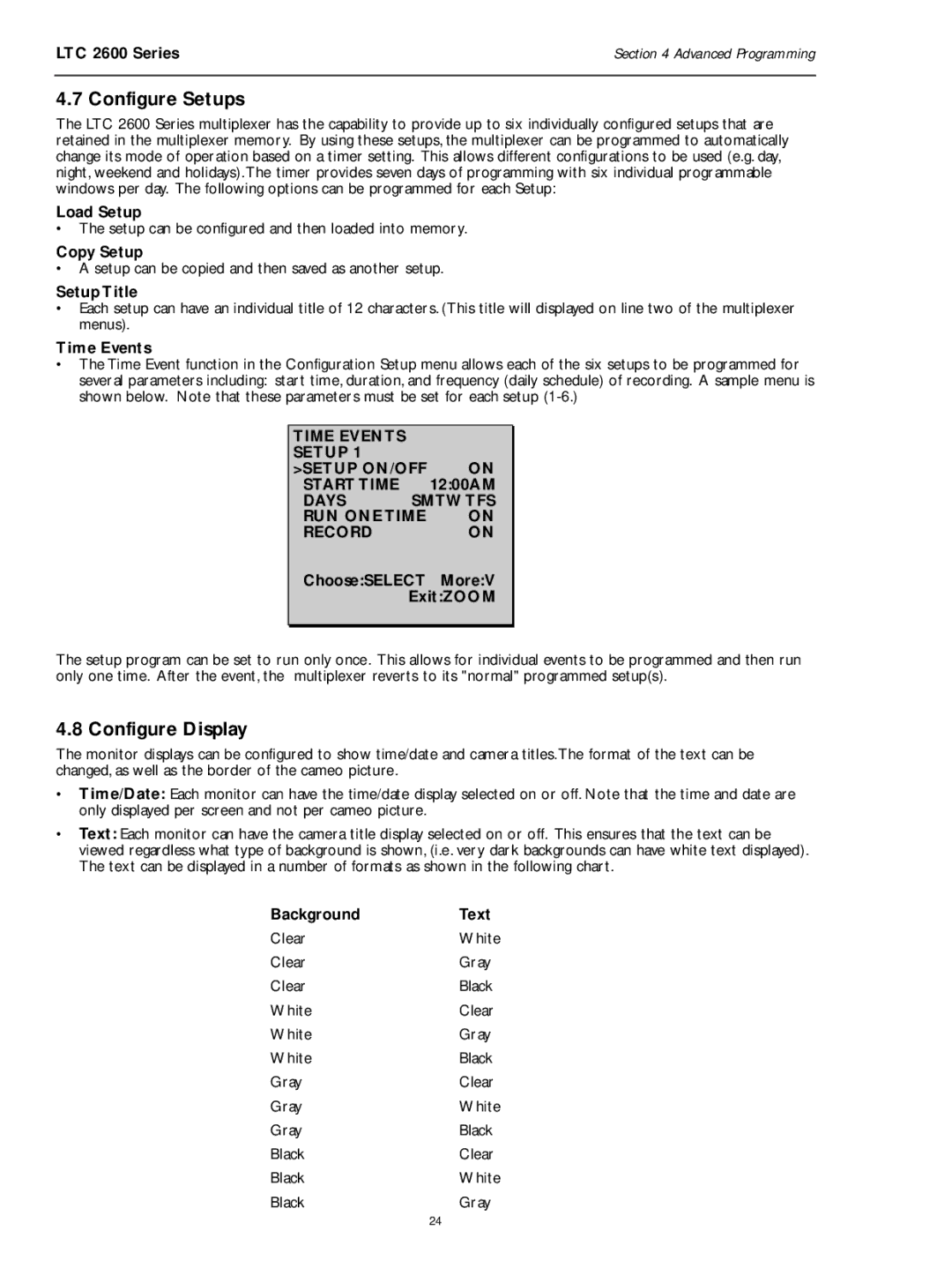 Philips LTC 2600 manual Configure Setups, Configure Display, Time Events Setup Setup ON/OFF Start Time 