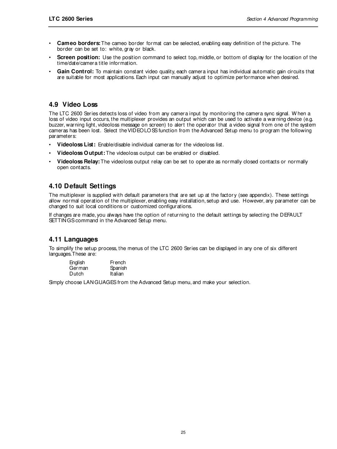 Philips LTC 2600 manual Video Loss, Default Settings, Languages 