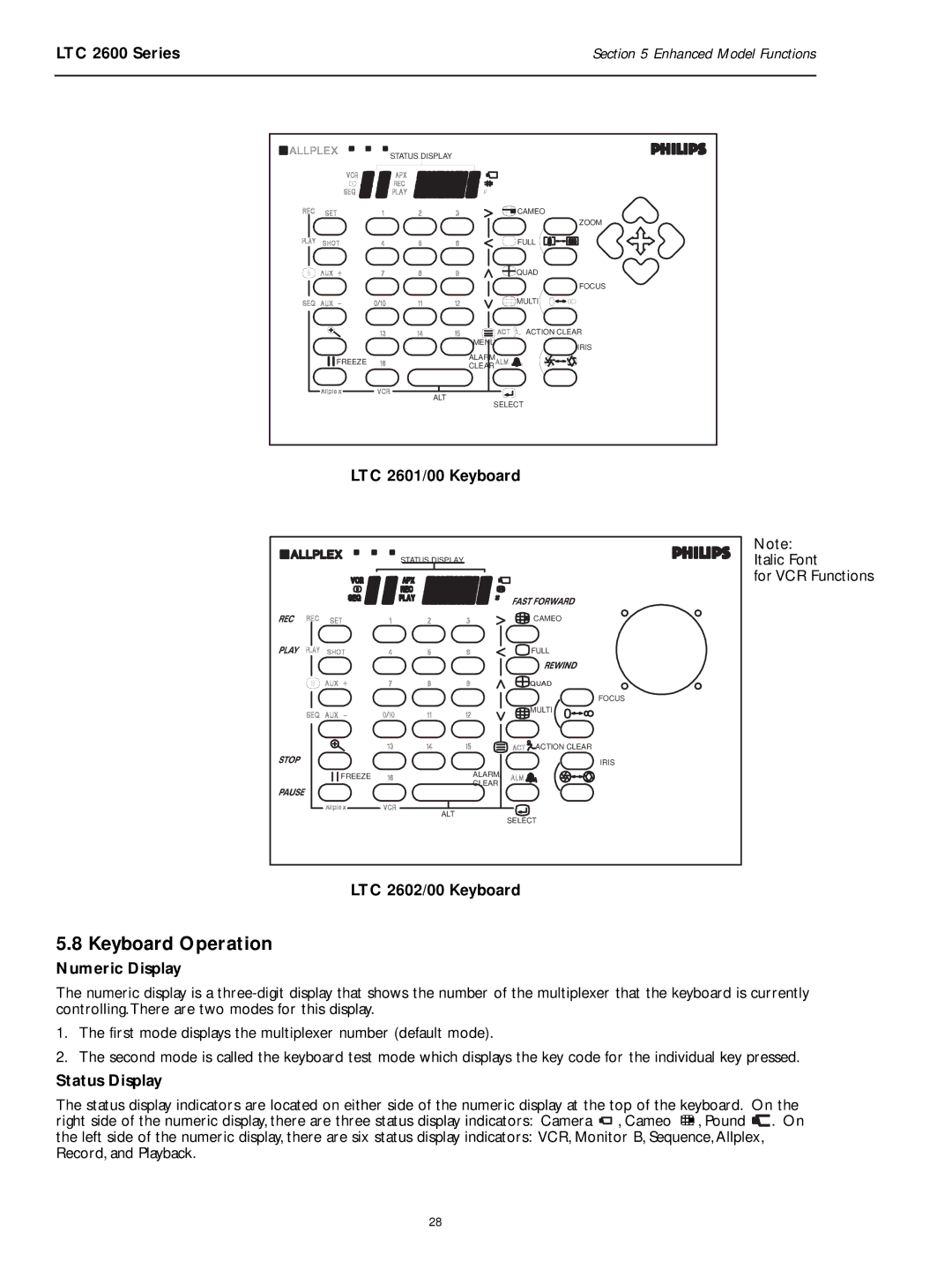 Philips LTC 2600 manual Keyboard Operation, LTC 2601/00 Keyboard, LTC 2602/00 Keyboard, Numeric Display, Status Display 