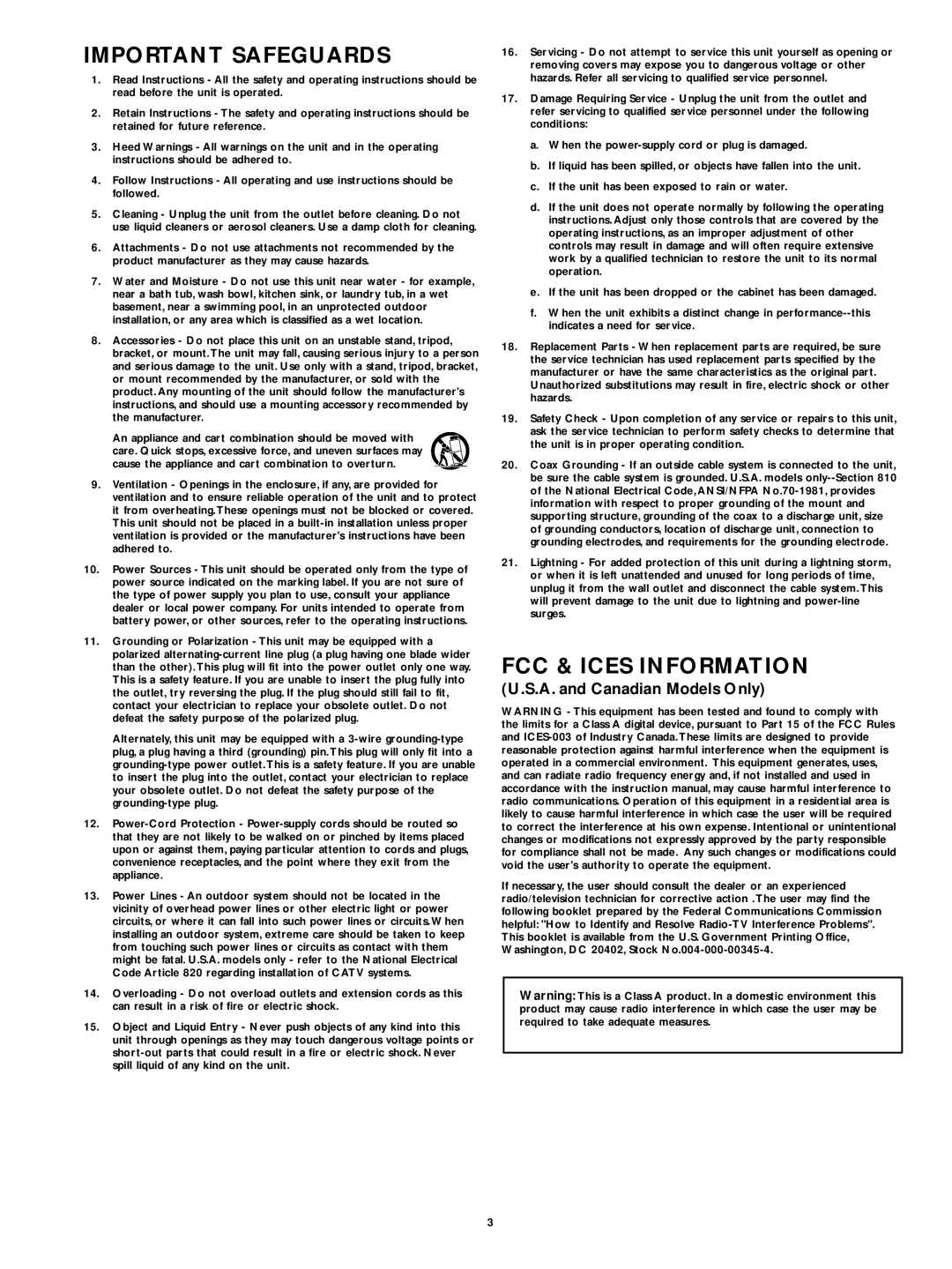 Philips LTC 2600 manual Important Safeguards, FCC & Ices Information, A. and Canadian Models Only 