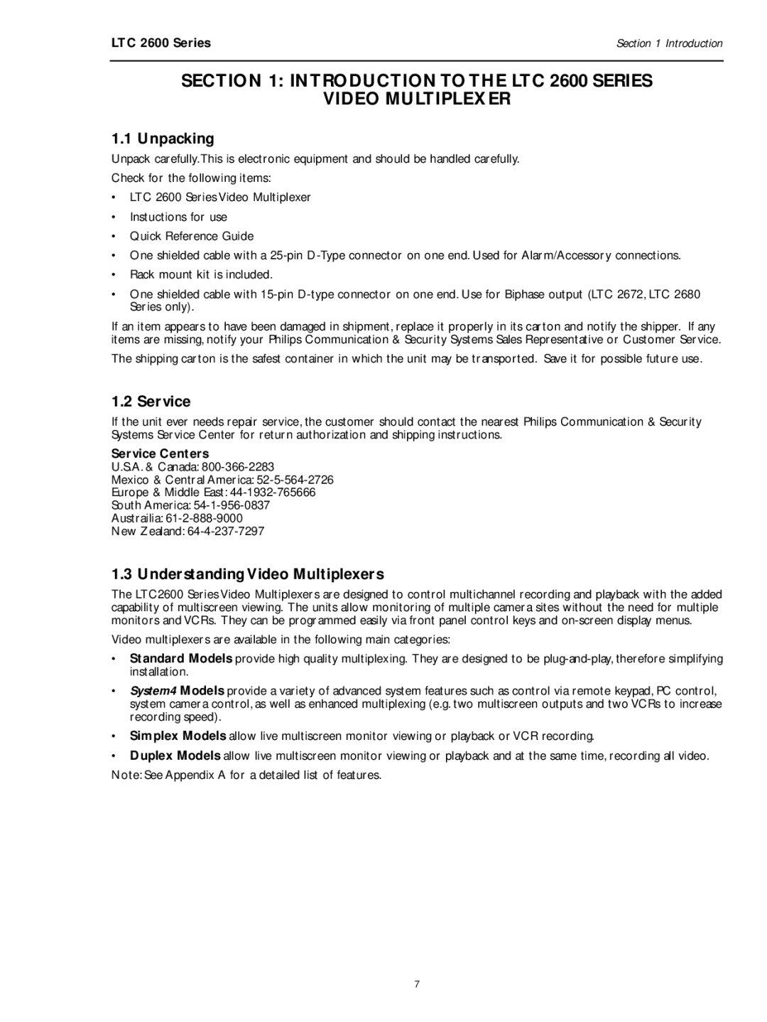 Philips manual Introductiontothe LTC 2600 Series Video Multiplexer, Unpacking, Service, Understanding Video Multiplexers 