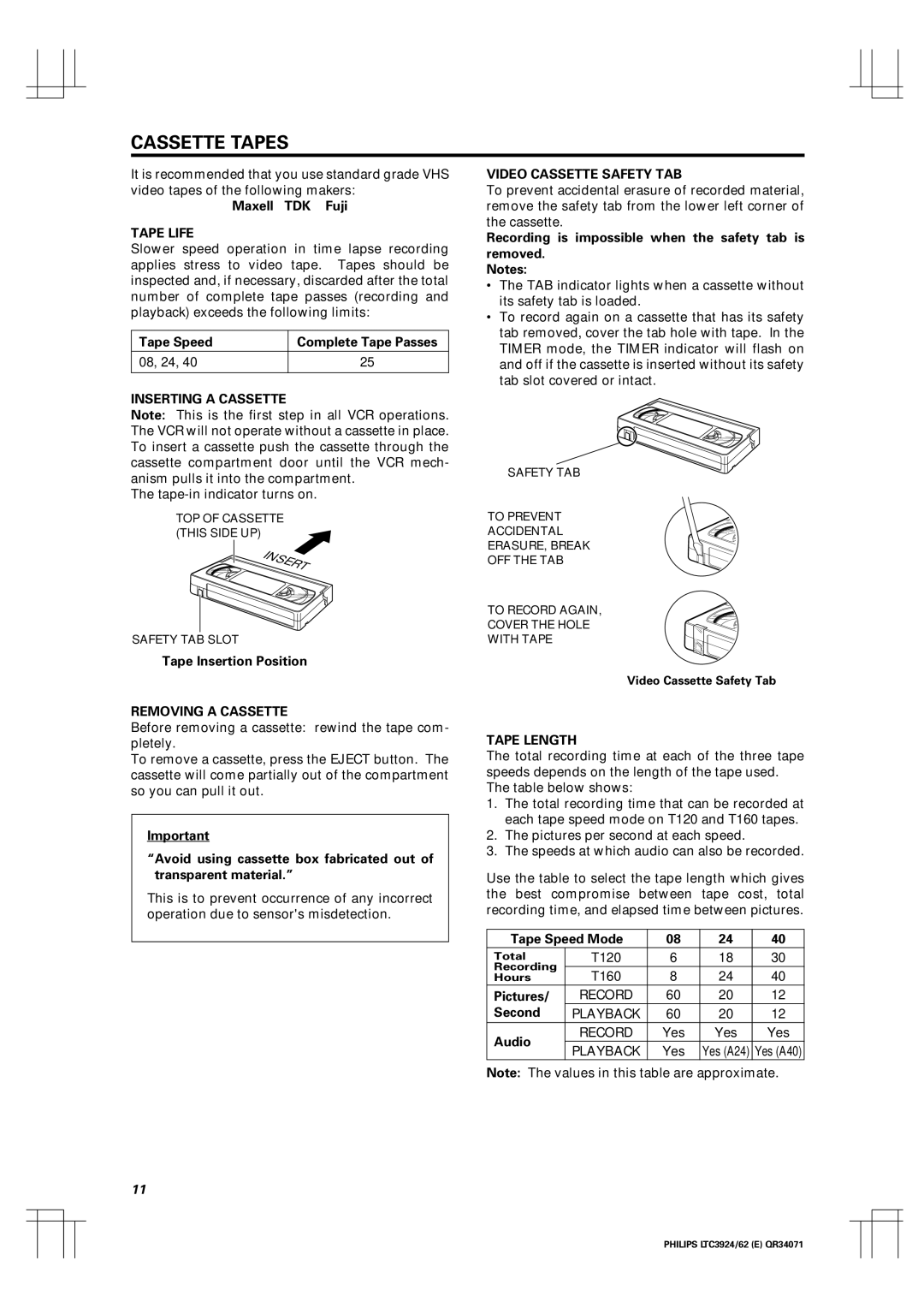 Philips LTC 3924, LTC 3962 manual Cassette Tapes 