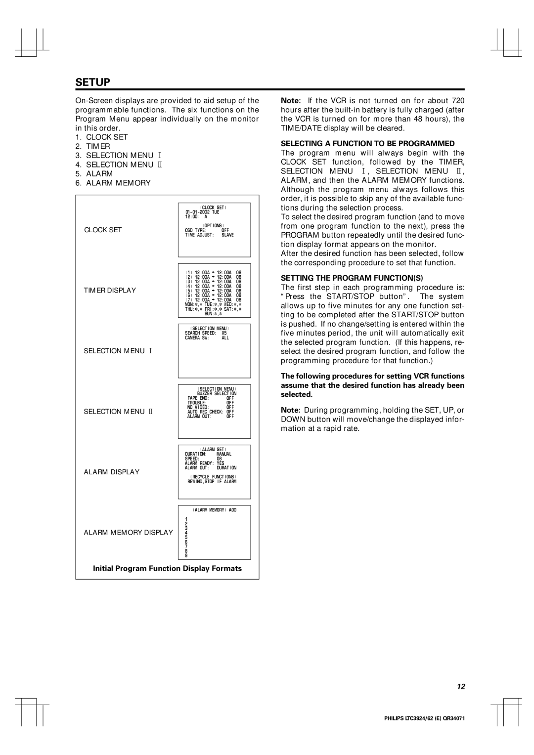 Philips LTC 3962, LTC 3924 manual Setup, Setting the Program Functions 